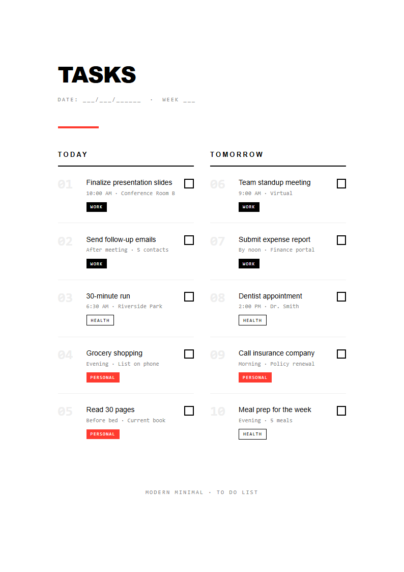 Modern minimalist to do list with grid layout